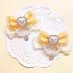 カラー変更可能♡ 量産型♡ リボンヘアクリップ♡ ゴールドイエロー×レモン 黄色 ハート付きパールチェーン♡