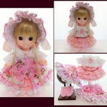 メルちゃんサイズ　ピンク苺柄　垂れ耳ボンネットコーデ5点セット　フリフリコーデ　3段フリルスカート　ソランちゃん　レミンちゃん　コルネちゃんサイズ　ゴスロリ　ロリータ 　服