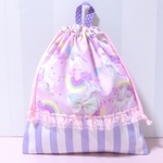 ハンドメイド ●体操着袋●上履き●巾着●ユニコーン，ピンクxラベンダーストライプ