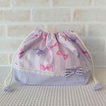 【単品】お弁当袋（リボン柄 紫ストライプ 下切替）