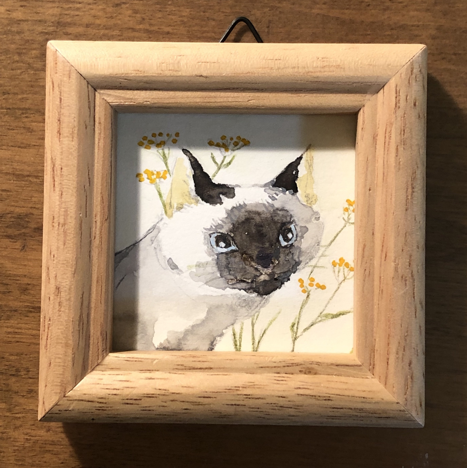 シャム猫の絵 水彩画 原画 額付き「白い薔薇とシャム猫」 シャム猫の絵 水彩画 原画 額付き「白い薔薇とシャム猫」 シャム猫の