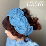 コーデュロイ　幅12cm ターコイズ　三つ編みヘアバンド  大人用