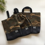 長く使える入園入学3点セット レッスンバッグ BIGサイズ上履き入れ 体操服袋 ブラウン迷彩×国産デニム  入園入学 男の子 図書バッグ シューズバッグ 体操着袋