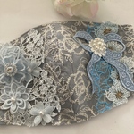 ✾不織布マスクが見えるカバー薔薇ブルー刺繍ケミカルレースリボン抗菌クレンゼ
