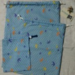 値下げしました！送料込み☆かわいい鳥の巾着袋三点セット(水色)☆お着替え・体操服・シューズ・コップ入れ等に☆入園・入学のご準備に!