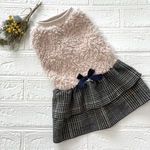犬服L 暖かファーのワンピース　チェック柄スカート