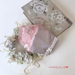 💓ワイド幅　ココアブラウン播州織&大人トキメキピンク　ローズ&リボン柄コットン　ハーフハーフと国産ダブルガーゼで作った立体マスク　アイボリードットチュールレース&アイボリーリボン　ポケットタイプ