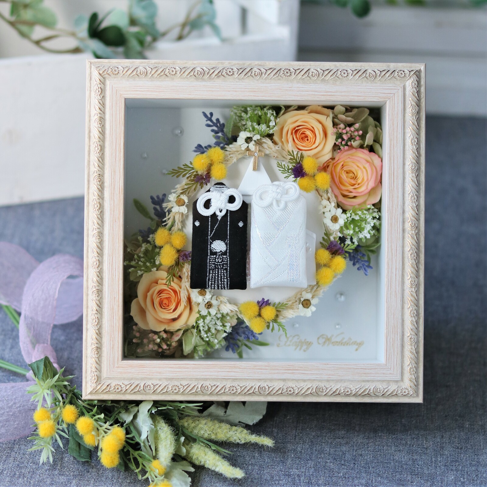 期間限定セール 新作 夫婦の日着 予約販売 先着35名 結婚祝いのプレゼント 結婚祝い 親贈呈品 お祝い 夫婦お守り付き ミモザ フレームアレンジ オーナーデザイン 肌触りがいい Guerriniisland Com