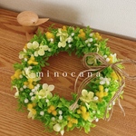 【再販】ミモザとかすみ草のビタミンカラーリース　玄関リース　紫陽花　インテリア　ウエルカムリース　春リース