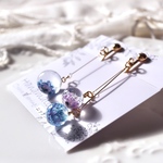 水の雫とかすみ草 ロイヤルブルー＆パープル ピアス/イヤリング  ドライフラワー アシンメトリー 花