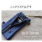 【手作り】キー＆コインケース (英字柄 ブルー)：送料込