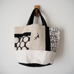 シンプル　いろいろパッチ　バケツトート　ネコ刺繍　♫　帆布　黒　ドット