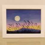 油絵原画『夕焼け空と満月』　額縁付き
