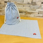 給食セット　給食袋とナフキンの2点セット　みずいろ生地/車の刺繡