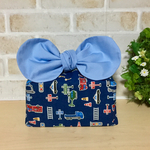 【リボンのお弁当袋】保冷保温　 車柄(青)×ブルー　大人かわいい/ポーチ/ランチバッグ