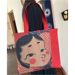 おかめひょっとこの手ぬぐいの柿渋染めトートバッグ　　　ハンドメイド