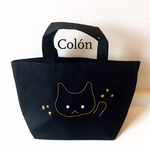 手描き風♡黒ねこバッグ♡ブラック×ゴールド マチたっぷり！サブバッグ◎