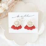 刺繍イヤリング【 パールとフリルの耳飾り 】薄茶 × 赤