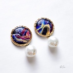 【SALE】ガラスパールとフルイドアートピアス/イヤリング【パープル×ボルドー】