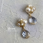 Navy◆異素材編み編みパール×ドットクリア雫のピアス　イヤリング　ノンホール