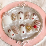 【現品販売】ネイルチップ　チョコレート　フレンチガーリー　ツイード　リボン　韓国