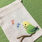【送料無料】～セキセイインコ・グリーン～　羊毛フェルト刺繍　ミニ巾着