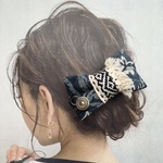 デニムのリボンバレッタ　アロハ柄