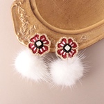 2way刺繍フラワー jewelry line design ファーチャーム レッド×ホワイトオパール (刺繍ピアス/刺繍イヤリング/ビーズ刺繍/花/花モチーフ/ファー/ミンクファー）