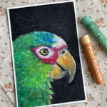 オイルパステル画「おしゃべりインコ」原画