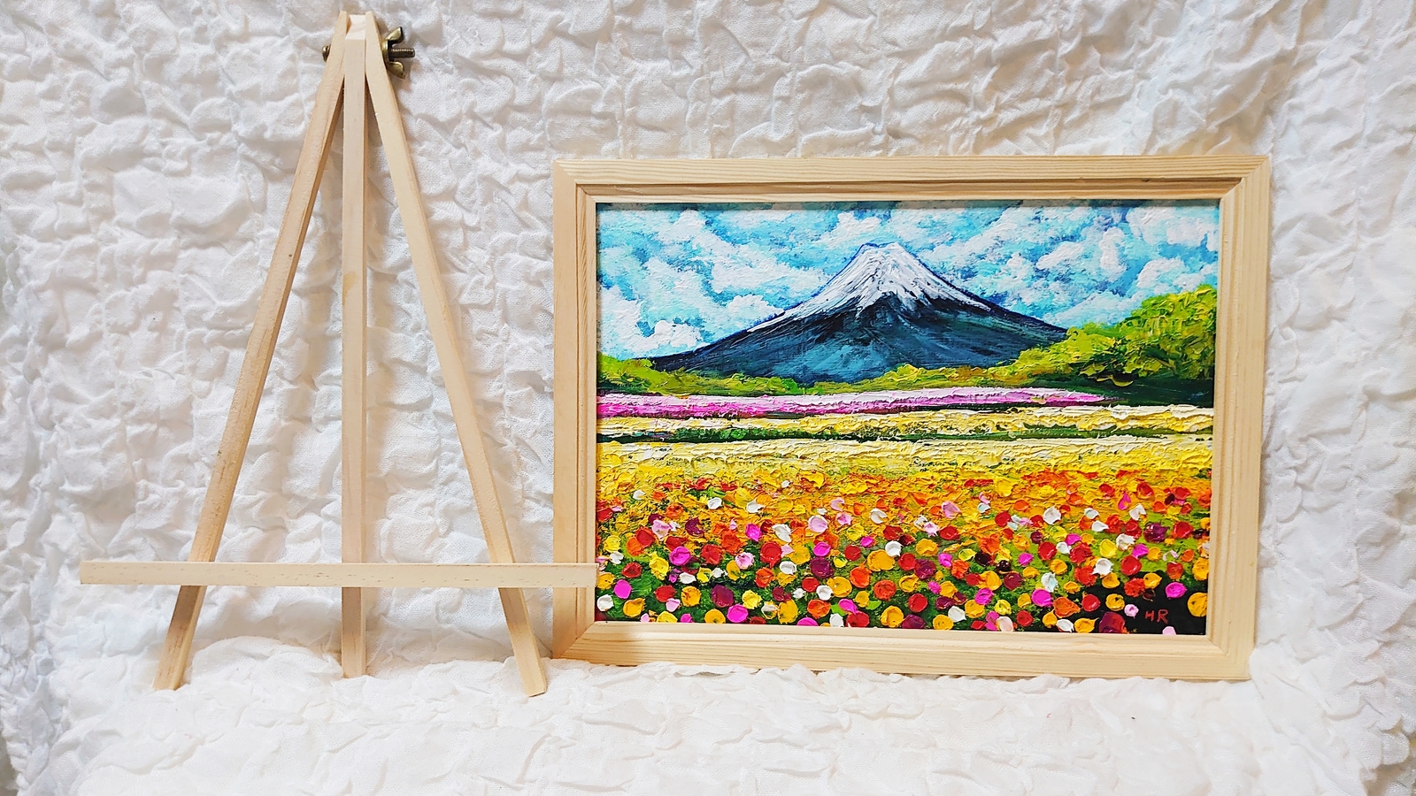 油絵 絵画 お花畑と富士山【A4】 油絵 絵画 お花畑と富士山 【A4】