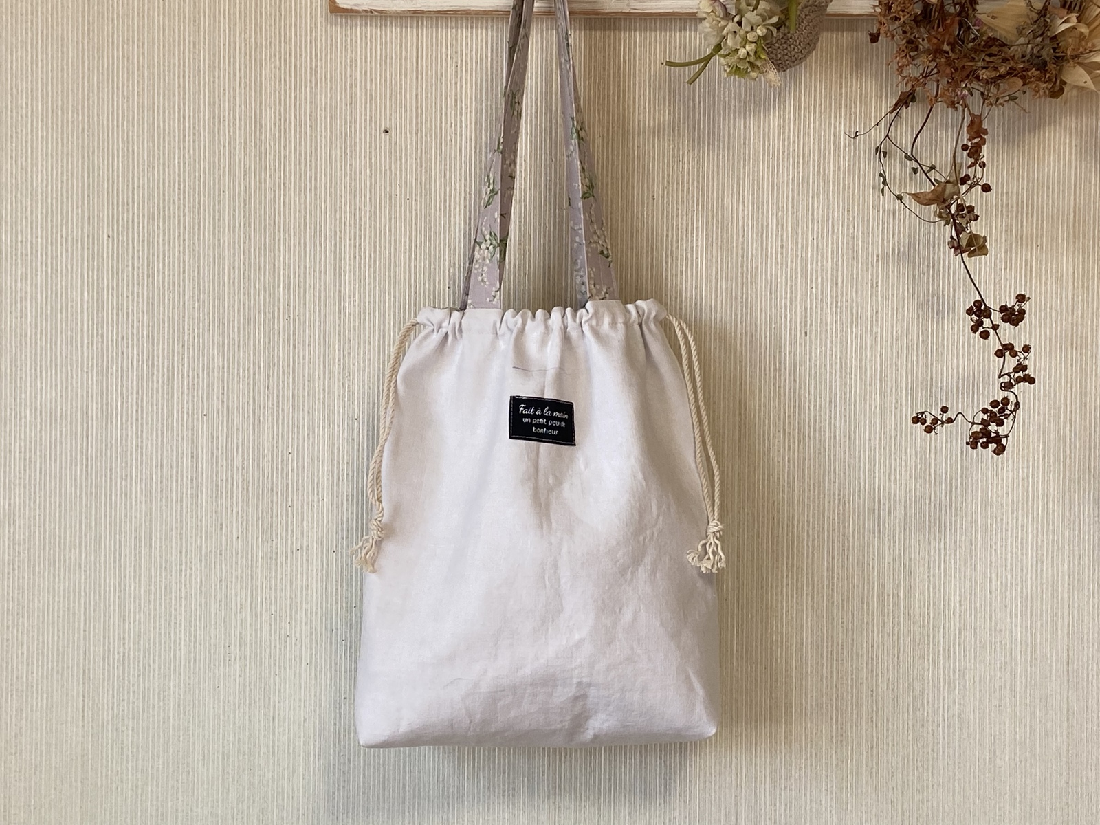petit fore 新品 フランスアンティークリネンの巾着バッグ
