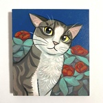 原画 猫と赤い花のイラスト 壁掛け
