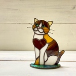 ✨ステンドグラス　縞三毛猫のオブジェ✨