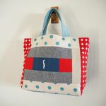刺繍アヒル　マリン風　ランダムパッチ　横長トートBAG　　帆布　水色♪ドット　綿麻ダンガリー　アヒル　