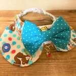 犬・猫の首輪　27～30　cocoちゃん丸襟リボンチョーカー　ブルー系・レトロアニマルドット