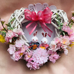 送料無料　ひな祭り　ハートのリース　ちりめん布のお内裏様とお雛様　桜　ミモザ