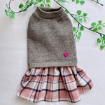 【犬服セミオーダー】パピー犬服小型犬服ロング犬服中型犬服 天竺ニット＆ピンクチェックスカート犬服