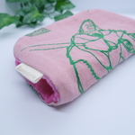 ねこ刺繍の8重ガーゼハンカチ♥ピンクグリーンMサイズ