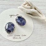 シックなブルーアイオライトとシルバービーズ刺繍カボションピアス イヤリング