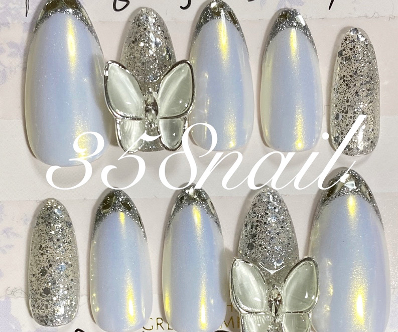 ネイルチップ ガラスフレンチ バタフライネイル バタフライ ガラスフレンチ ネイルチップ - mk3588 | minne byGMO