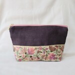 インド刺繍リボンポーチ✤パープル地ピンク花刺繍