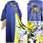 振袖着物リメイク　和柄　ワンピースドレス　青紫灰×牡丹　黒ゴールド花刺繍モチーフ付き　ボリューム袖　丈120 M〜3L