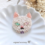 オッドアイ白猫のビーズ刺繍ブローチ❇〔アンティーク ヴィンテージ レトロ 帯飾り 個性的 大振り アニマル 動物 アクセサリー ぽ〕