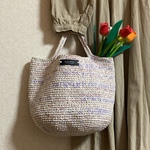 手編みバッグ　コットン糸　キラキラ　ホワイト　ピンク　パープル