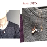 N68 水玉　茶　Parisリボン紐　ヴィンテージ貝パール 淡水パール　2粒　14kgf シルバー925 ネックレス