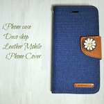 iPhone6/6s♡花咲くキャンバス生地×レザー　手帳型ケース　ブルー