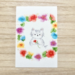 透明水彩画「パンジーと猫ちゃん」 イラストポストカード 2枚セット ネコ　ねこ　猫　ビオラ　すみれ　花　フラワー　春　入園入学　入学式　バースデーカード　母の日