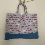 【SALE】リネンの車柄レッスンバッグ　水色