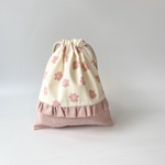 【即納】ピンチェックとお花のマチなし巾着　W21×H25