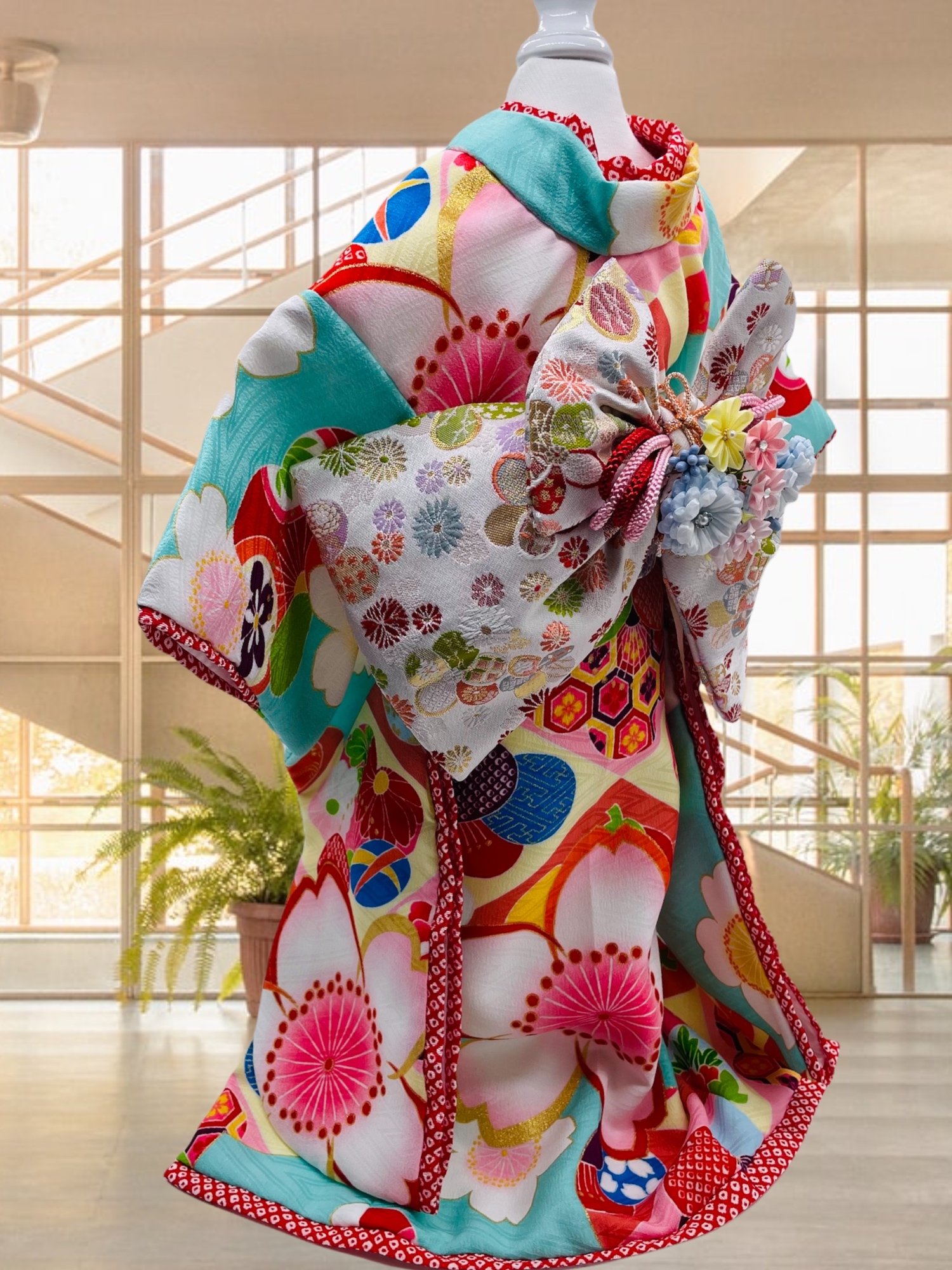 全国宅配無料 犬服 猫服 晴れ着 梅柄 ブルー 振袖スタイル お引きづり